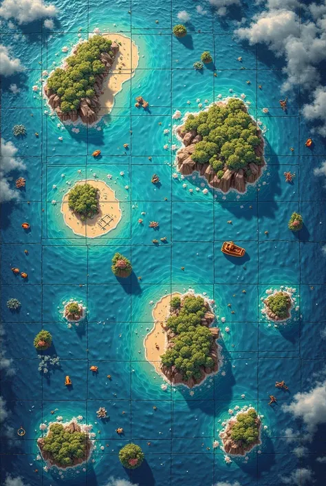 Create a board for a board game that is a sea with some empty islands and 80 squares