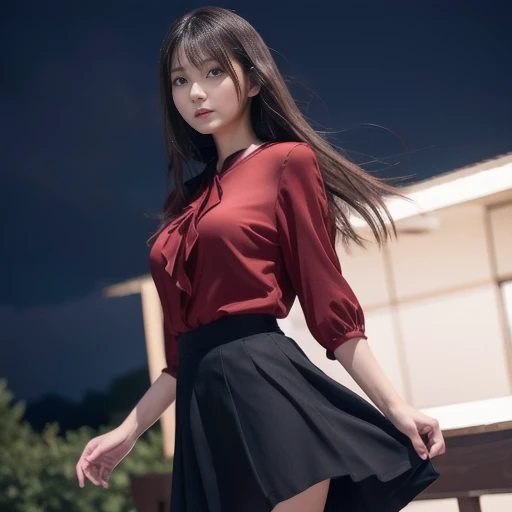 nsfw, red blouse, black skirt, A skirt that flies in the wind:1.4, night sky, lightning, flowing hair, light streaks, knee-up shot, frontal view, ((masterpiece)), ((best quality)), (ultra-detailed), ((beautiful eyes)), Japanese female, (slender:1.3), ((30 ...