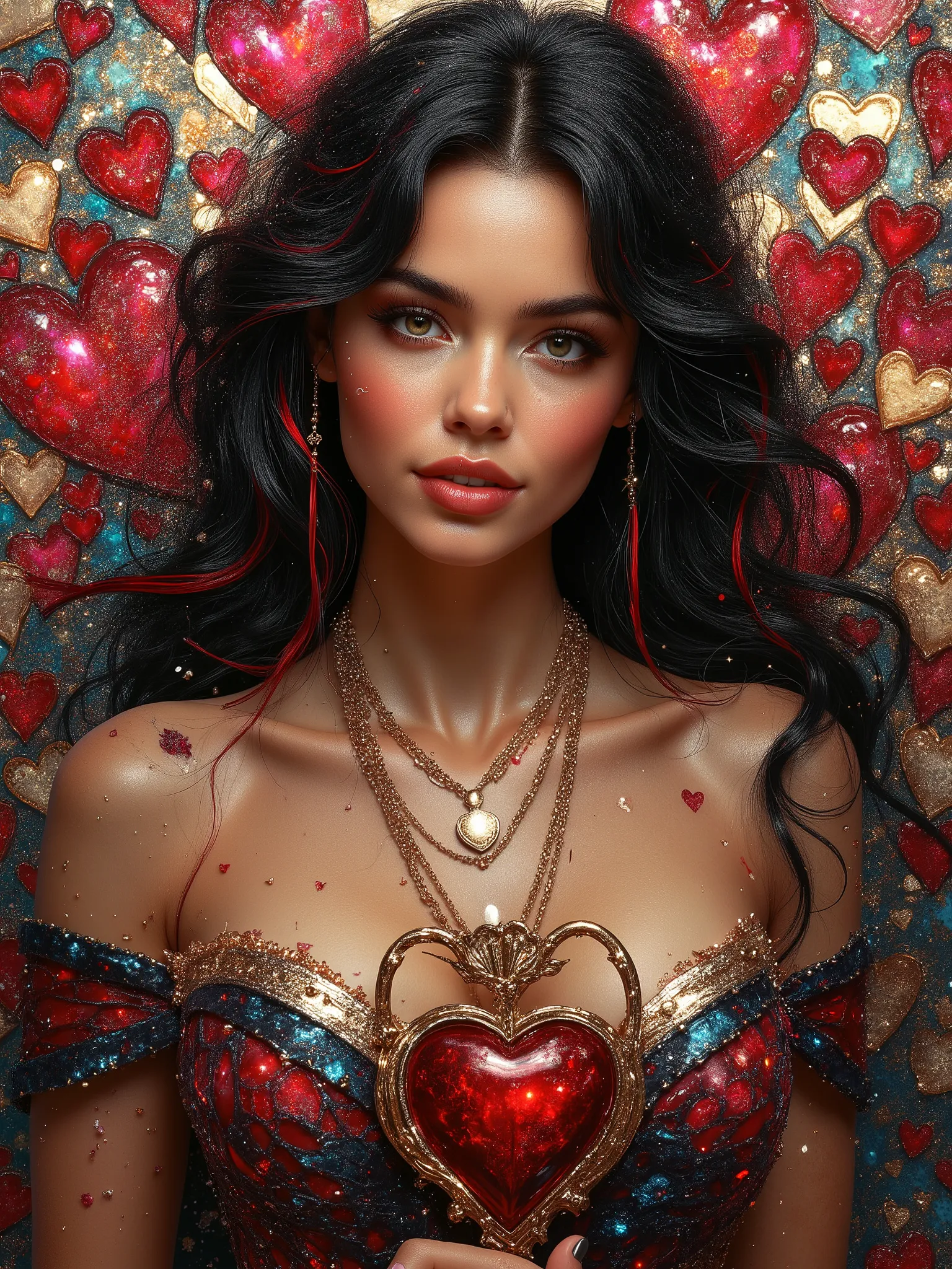  Mosaic different shapes painting  multicolored color hearts  shape background, playing  cards style with visible impressionistic strokes of A gorgeous woman, big breast deep cleavage, smiling seductively, (( look alike of Alline Haze)) as Queen of hearts ...