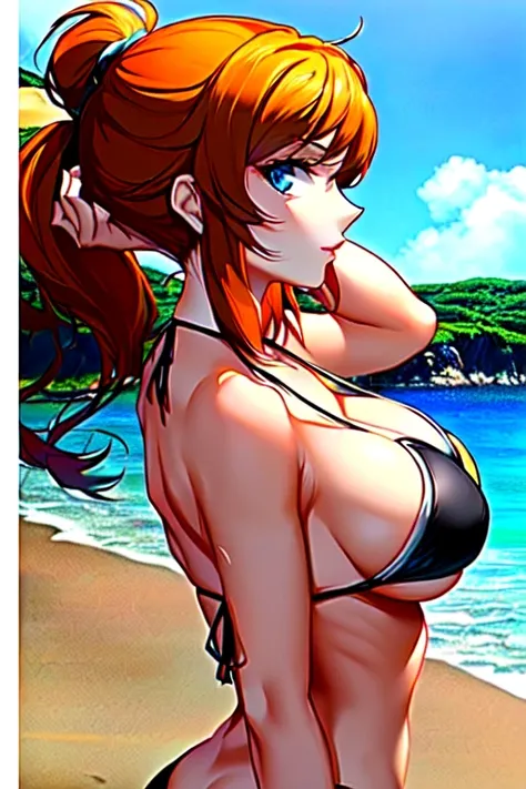 (( the best quality)), (( masterpiece)), ( Detailed), 1 woman, ((with a black bikini)), (( orange hair)), (( hair with a ponytail )), (( with your hands on your head)), (( blue eyes)), (( big breasts)), (( profile view )), (( seeing the viewer )), (( seen ...