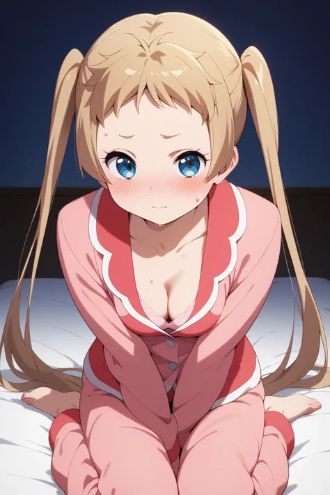 masterpiece,best quality,{{detailed beautiful face and eyes}}, very detailed background,
Sanae Dekomori,{{{megami magazine}}},long hair,blonde hair,twintails,forhead,blue eyes,small breasts,
((pink pajamas)),
1girl,cleavage,(is aroused,big blush:1.0),sweat...