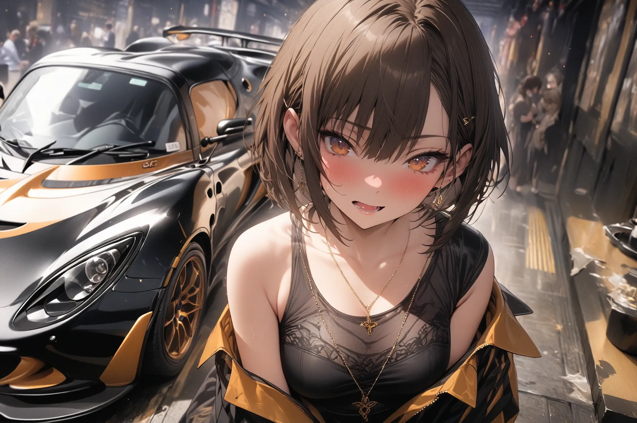 (masterpiece, detailed:1.2), One Girl, (18-years old), brown long Bob Cut, Medium Breasts, off shoulder, BREAK, Highest quality, in UK, BREAK, standing next to "LOTUS EXIGE", 