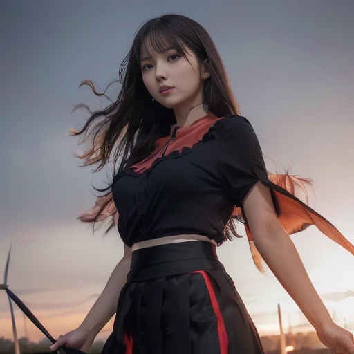 nsfw, red blouse, black skirt, (A skirt that flies in the wind:1.7), night sky, lightning, flowing hair, light streaks, knee-up shot, frontal view, ((masterpiece)), ((best quality)), (ultra-detailed), ((beautiful eyes)), Japanese female, (slender:1.3), ((3...