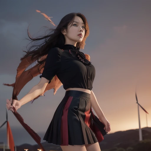 nsfw, red blouse, black skirt, (A skirt that flies in the wind:1.7), night sky, lightning, flowing hair, light streaks, knee-up shot, frontal view, ((masterpiece)), ((best quality)), (ultra-detailed), ((beautiful eyes)), Japanese female, (slender:1.3), ((3...