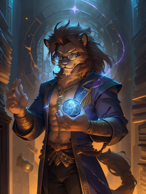 Cornelius the timelord in a magic library.  Surrounded by stars background, male, furry, Lion anthro, solo, Medium muscular lion, brown, light brown lion, feline, hair brown pony tail, lion ears, wearing tiny gold round glasses, sexy, hands, standing, posi...