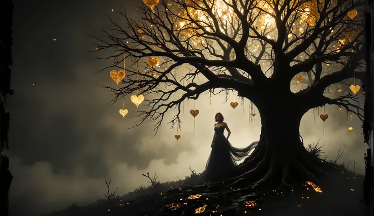 a solitary figure dressed in a flowing black gown, standing underneath a gnarled, leafless tree. The tree is adorned with numerous golden, heart-shaped ornaments that hang delicately from its branches, creating a striking visual contrast against the dark b...