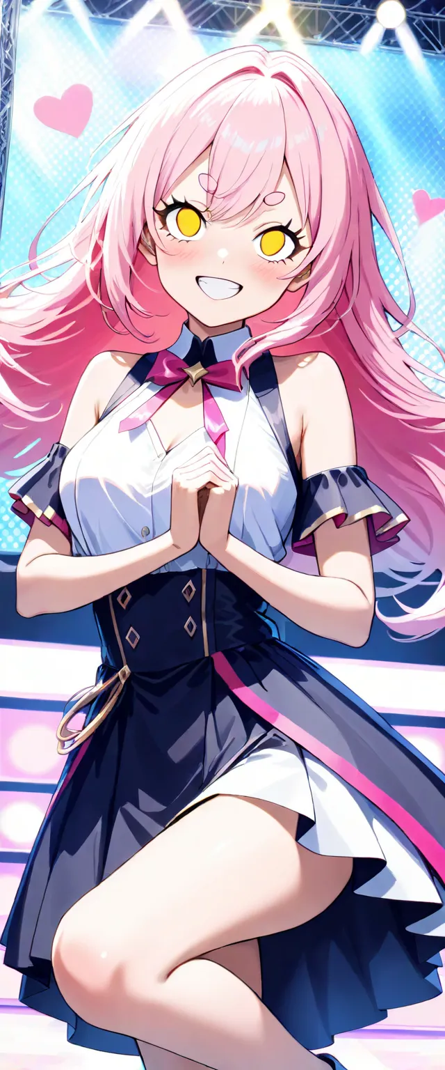  perfect finger,Sing and dance, idol costume, outdoor stage,The background is dizzy ,Proper Lighting,( best quality, 8k,  masterpiece:1.3, beautiful girl), growing skin,((( long hair, long hair, beautiful hair, pink hair:1.2))),( PERFECTIVE ANATOMY, very w...