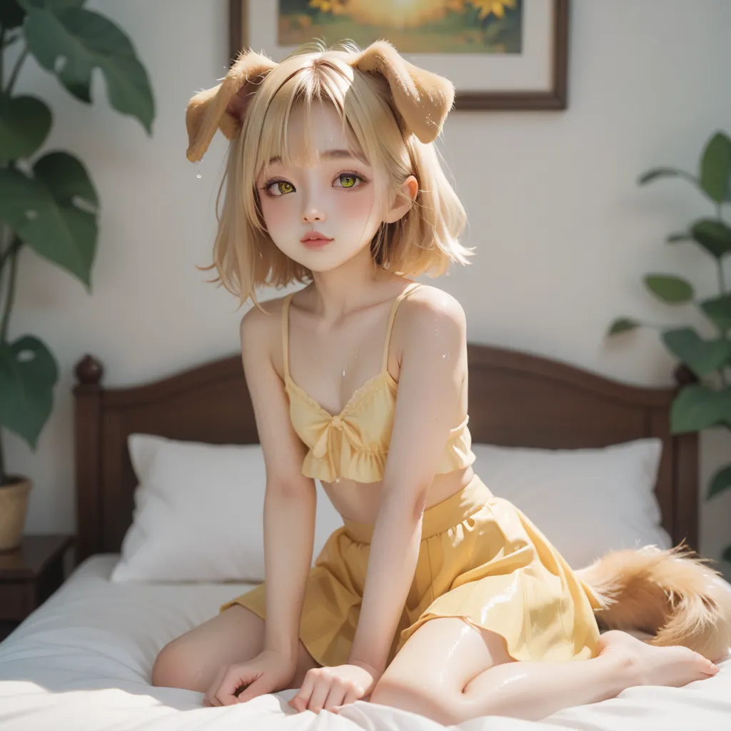  high resolution ,  look at the audience, 亚洲 girl， girl， unique ， Yellow Hair ， short hair，   yellow pupils  ，Hair dripping  ，Wet hair， blush，Yellow dog ears ， with droopy ears，   the sun is shining ，黄色Dog Tail ，Saggy ears ，微胖的 girl, 拿着sunflower，Residence,...