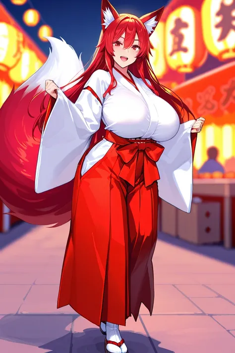 8k,masterpiece, best quality, ultra detailed, high resolution, super fine illustration, 1girl, solo, smile, open mouth,fox ears,fox tail,red eyes,red hair, long hair, hair between eyes, sidelocks, huge breasts,miko costume,hakama,red skirt,tabi, looking at...