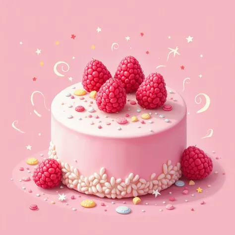 cute    raspberry cake,pink background,picture book art