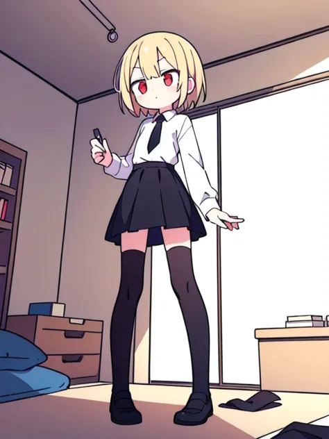 ((True best masterpiece, Ultimately perfect quality, Extremely delicate details)), A slender blonde girl with flat chest, With short straight hair, With red eyes, Wearing a black dress shirt, Wearing a short skirt, Lace stocking, Standing in her messy room...