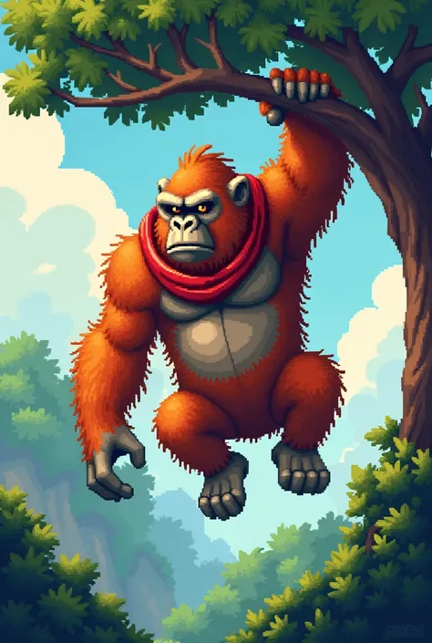 A Orange gorilla with no legs pixel game hanging off a tree with a red scarf