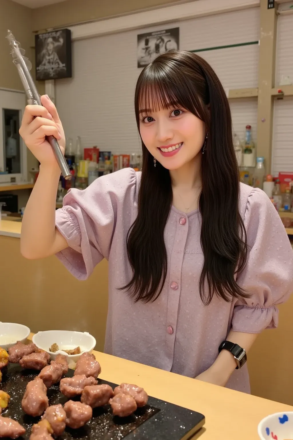 "A cheerful woman sitting at a traditional yakiniku restaurant, grilling pieces of meat on a charcoal grill in front of her. She is holding a pair of tongs, carefully flipping the meat with a focused but happy expression on her face. The grill is filled wi...