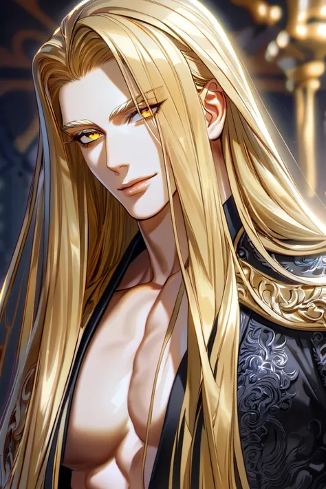 absurdres, highres, ultra detailed, HDR, master 
, best quality, delicated features, very long blonde hair,soft smile, yellow eyes, solo, sexy man, beautiful, black outfit 