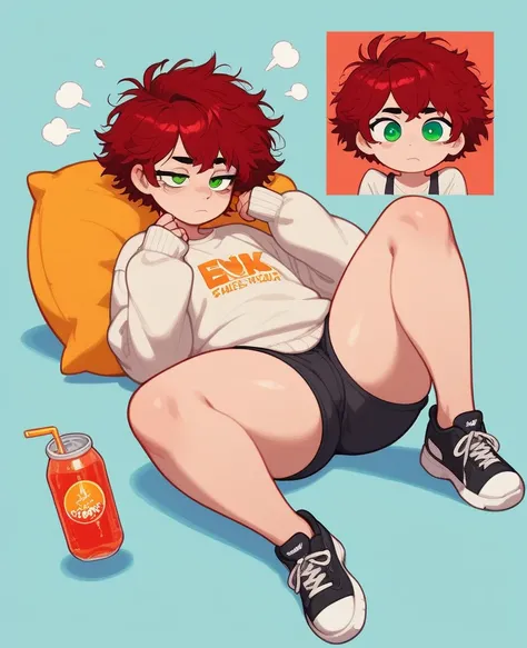 Femboy, dark red hair, short messy hair, messy wolf cut hair, green eyes, half closed eyes, tired eyes, big thighs, curveliene, cute, oversize beige sweater, black short shorts, coverse shoes, rings, necklades, energy drink in hand