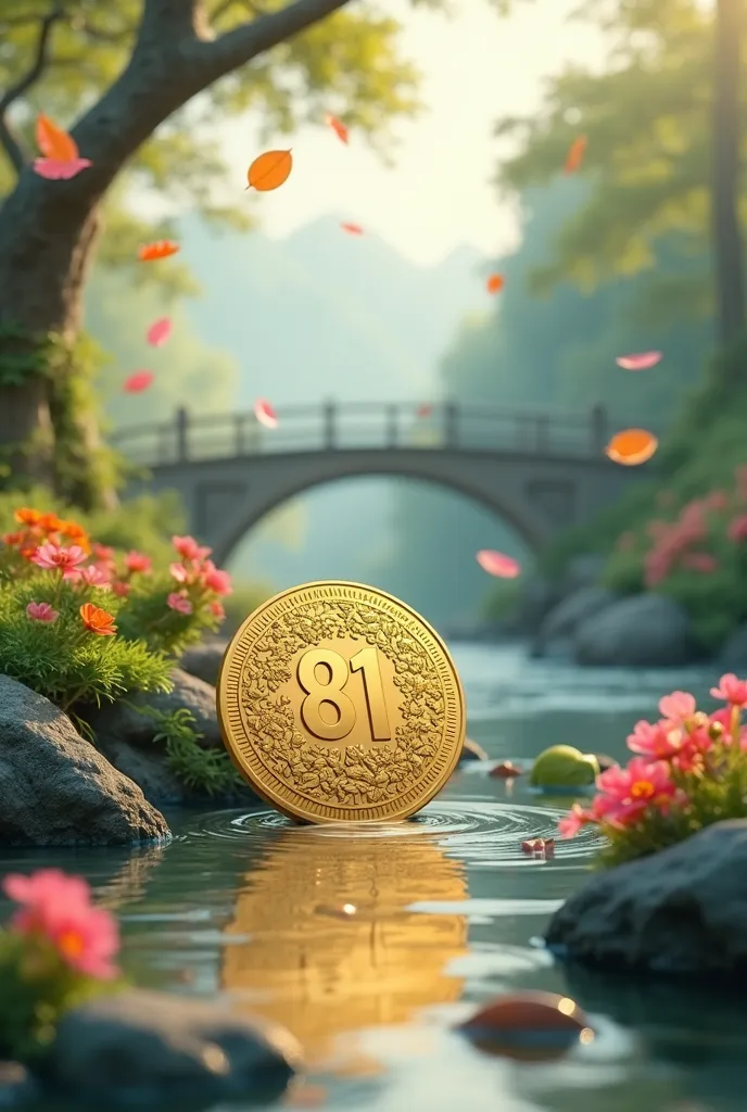 A extremely design carved gold coin with the text of "81 GROUP " placed  near the beautiful river. Some leaves falling in to the river from up,beautiful flowers,and sky.like a dream image, 8k image