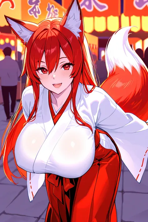 8k,masterpiece, best quality, ultra detailed, high resolution, super fine illustration, 1girl, solo, smile, open mouth,fox ears,fox tail,red eyes,red hair, long hair, hair between eyes, sidelocks, huge breasts,miko costume,hakama,red skirt,tabi, standing,l...