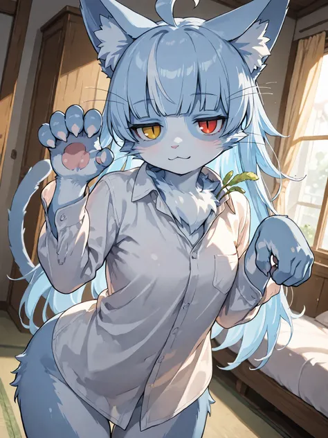 masterpiece,best quality,amazing quality,very aesthetic,absurdres,newest,kawaii,
1girl,omaneko,solo,animal girl,cat girl,jitome,furry_female ,ahoge,blunt_bangs,long hair,animal_ear_fluff,animal_hands,white_shirt,fur,light blue hair,light blue fur,whiskers,...