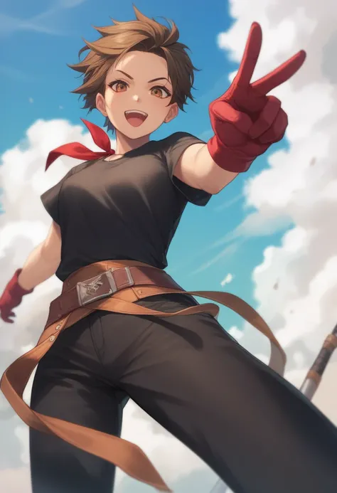 Female anime character, A tomboy girl, energetic attitude ,  brown skin tone ,  by the blond hair,  short hair, slender figure, Red ribbon on the forehead,  black t-shirt,  red gloves,  black pants with pieces of medieval armor,  with a victory pose .