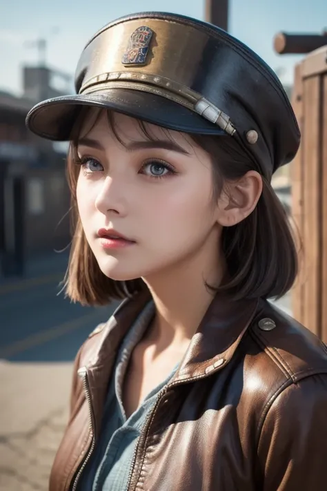  1 girl,   Pilot Cap  ,   faceup、Alone,    steam punk, station,  ,  steam,, Masterpiece,   very detailed on trends , high resolution, 8k resolution,  best quality ,