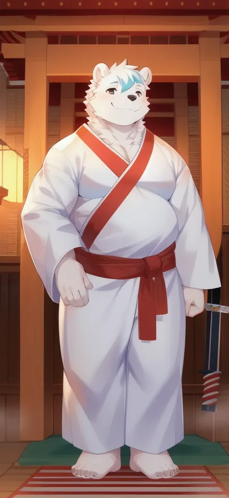  Alone , Tall male  , big body , Position, Familiar , Miku Shrine  ,Polar bear ,A samurai sword holding the shrine  ,  white kimono shirt Miko red kimono Miko pants,  overweight  ,   muscle bundle , I smile, By Chuni 