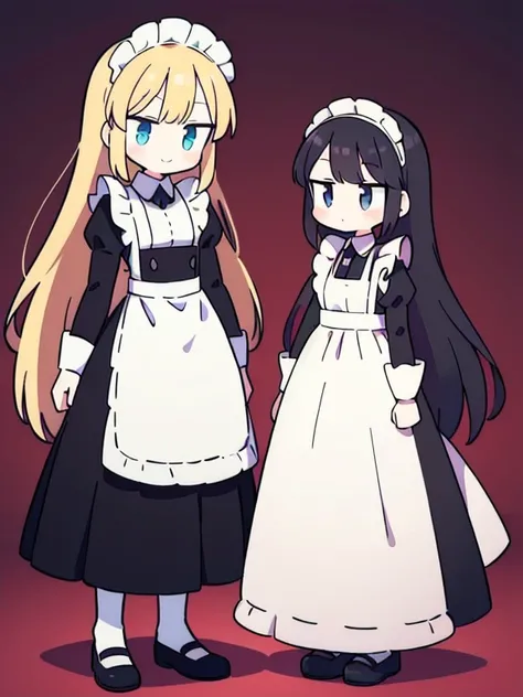 ((True best masterpiece, Ultimately perfect quality, Extremely delicate details)), A skinny doll girl, Doll maid,  With black long hair,  Making an awkward smile, Wearing a poor maid uniform, Standing neatly, Like a doll