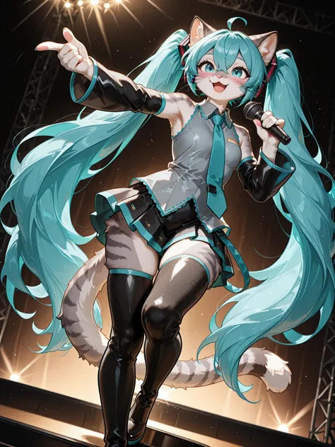 , Masterpiece, best quality, absurd res, anthro, katXL, countershading, adult female,  Anthro furry feline, blue eyes, grey striped fur, :3, snout, cheek fluff, pink nose, whiskers, miku hatsune, ahoge, aqua eyes, aqua hair, crossed bangs, hair between eye...