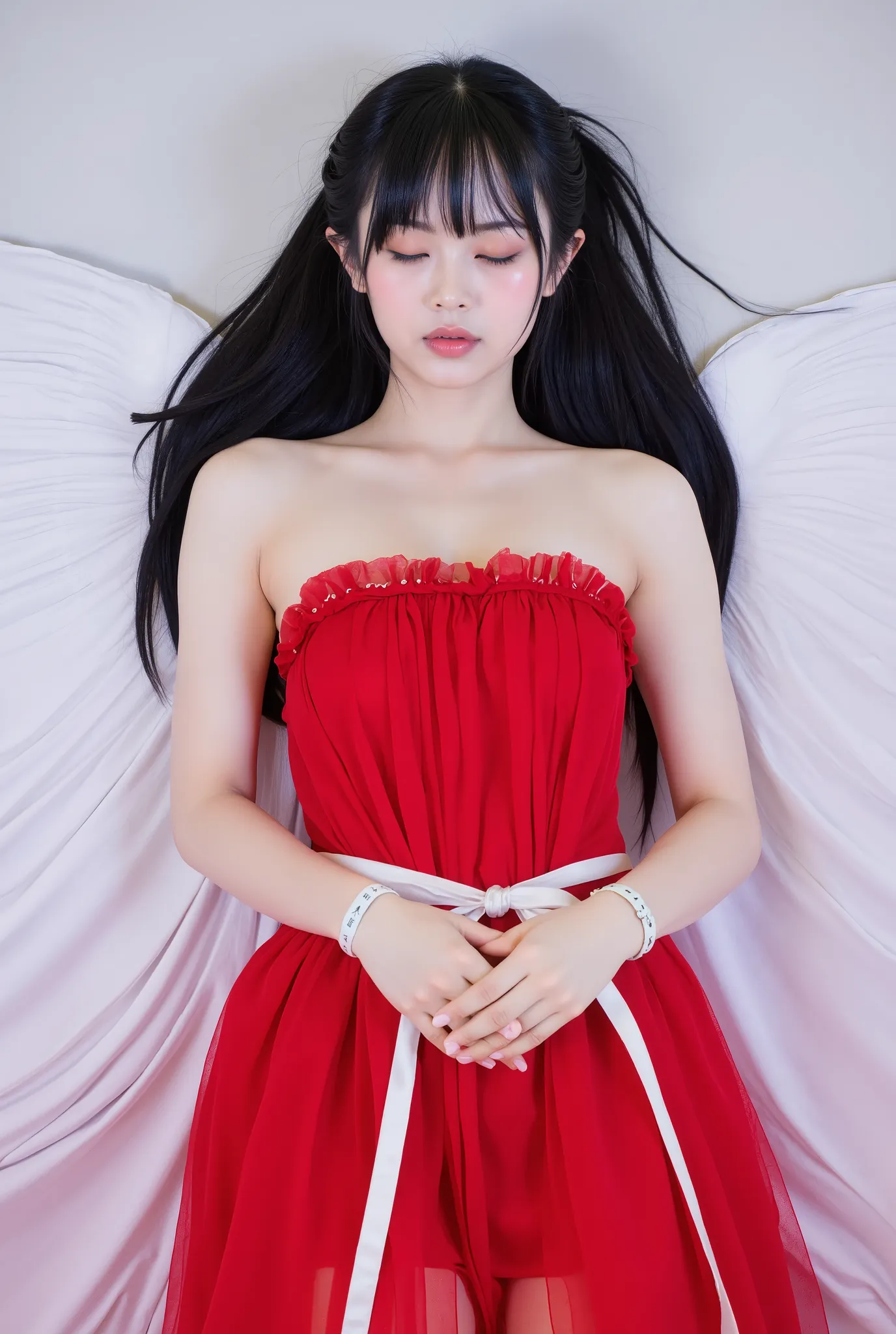 A beautiful woman in a red Hanfu dress, wearing an off the shoulder gown with white silk ribbons flowing around like wings on both sides of the waist, in the style of Chinese art.closed eyes，My hands are tied to the bed and spread out,Sexy posture，from abo...