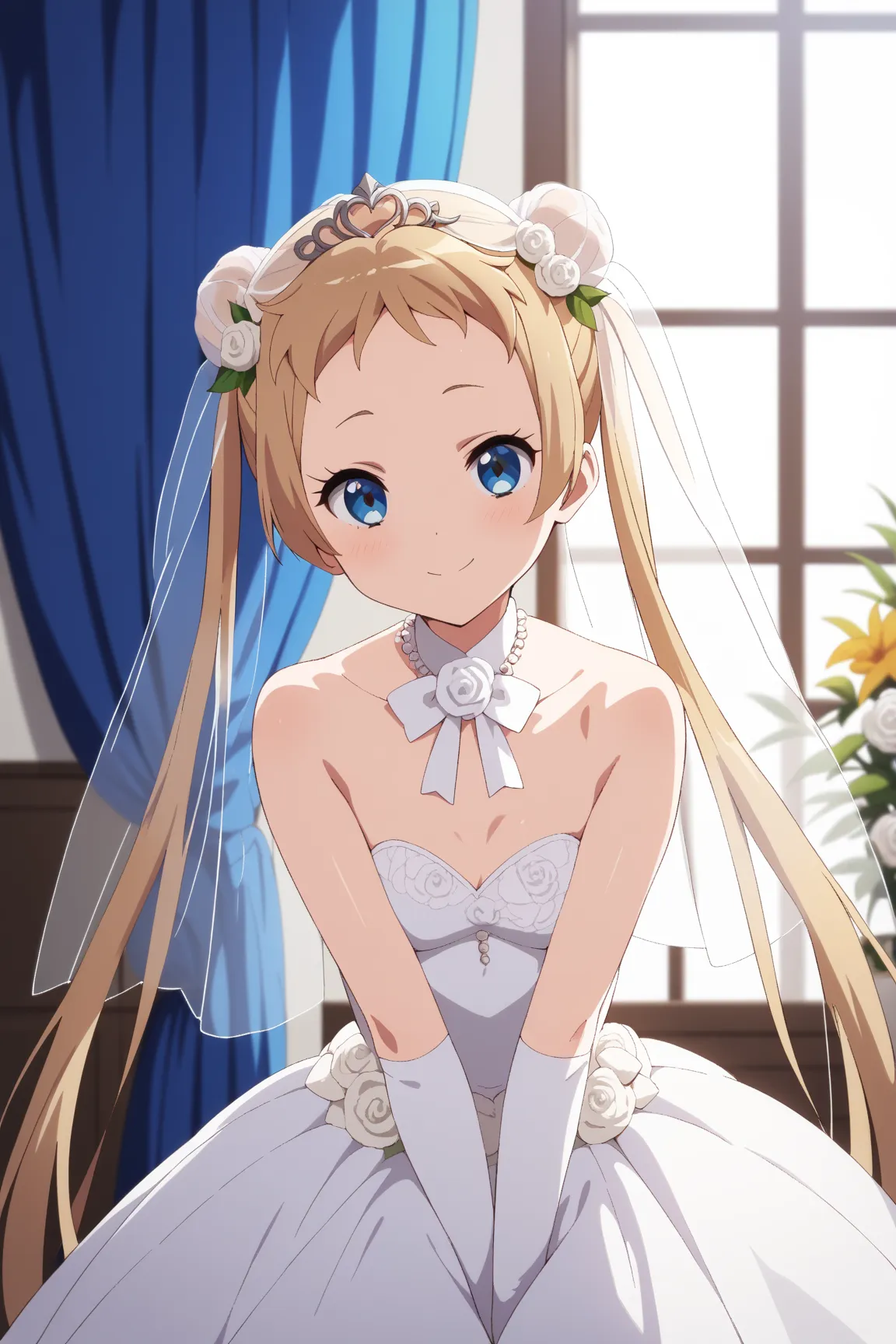 masterpiece,best quality,{{detailed beautiful face and eyes}}, very detailed background,
Sanae Dekomori,{{{megami magazine}}},long hair,blonde hair,twintails,forhead,blue eyes,small breasts,
1girl,hairstyle: (wedding bun:1.2)
Outfit: (wedding dress,intrica...