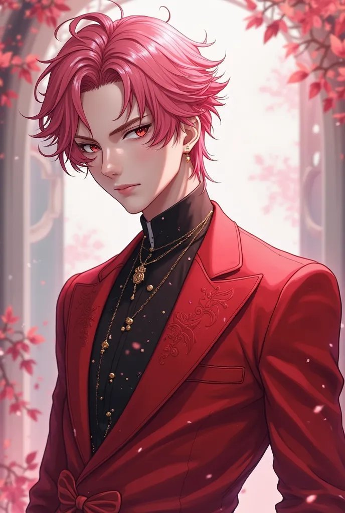 Make a male anime-style character using 70%  red dress clothes and pink hair