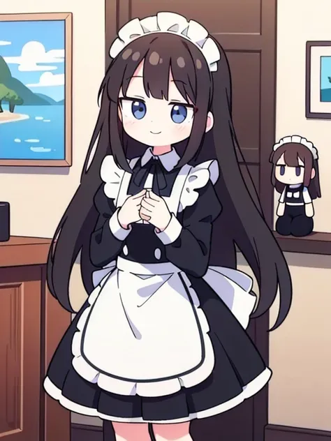 ((True best masterpiece, Ultimately perfect quality, Extremely delicate details)), A skinny doll girl, Doll maid, With black long hair,  Making an awkward smile, Wearing a poor maid uniform, Standing neatly, Like a doll