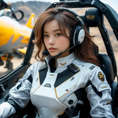 Highly detailed photo of a Japanese women, SF soldier, 35yo, (Mech warrior of women mercenary, (military tank top)), sitting like a queen, Stately and dignified, Very dissatisfied look, (headset, Powerful and beautiful eyes, (female bodybuilder's body), 8K...