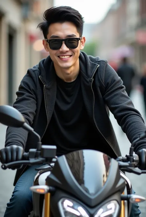 A photo of a handsome Asian man with a white skin tone, black short stylo hair, wearing a black t-shirt and sweater jacket, sitting on superbike ducati sport black and white color,wearing black sun glasses,The man is smiling and looking at the camera. The ...