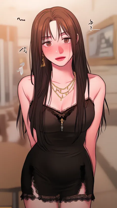 Design inspired by BAD THINKING DIARY (Manhwa de Rangrarii),  a young dark hair  (no negro, like a dark brown ),  brown eyes, Your hair is loose ,  has open and frayed bangs and has a layered cut. She's wearing a tight black dress,  her lips painted red an...