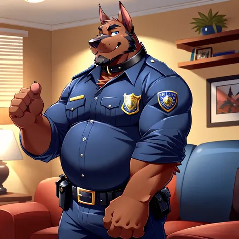 Scribble Doberman face,Humanity(Doberman),Chubby,(Black eyebrows:1.1),(Perfect eyes),fur，（artist:Takemoto Arashi），Living room background，（Leather Collar:1.3），paw，（black beard:1.3），（Police Uniform:1.3）。