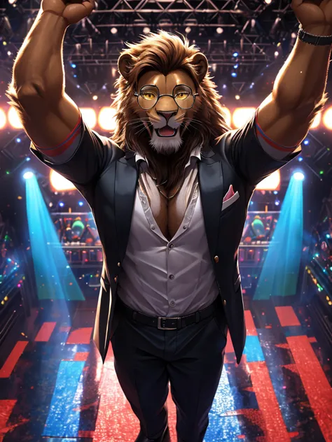 there is a man of a Lion playing a deejay at a party, on a very magnificent stage, Male, furry, Lion anthro, solo, Medium muscular lion, brown, light brown lion, feline, long brown pony tail hair, lion ears, wearing tiny gold round glasses, sexy, hands, st...