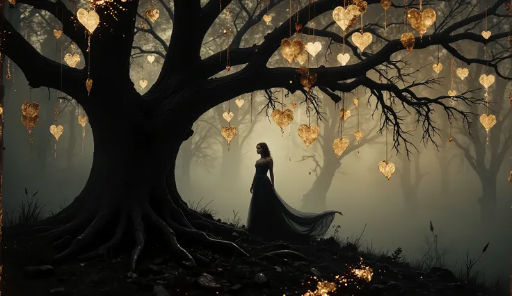 a solitary figure dressed in a flowing black gown, standing underneath a gnarled, leafless tree. The tree is adorned with numerous golden, heart-shaped ornaments that hang delicately from its branches, creating a striking visual contrast against the dark b...