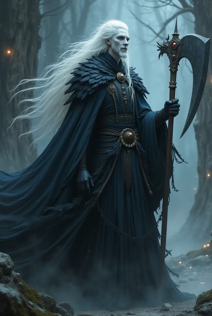 character of d&d,  super white skin ,  white hair, cleric,  robe with crow feathers, sickle mágica, semblante Mysterious, shadar kai, sickle da more, sickle, Mysterious