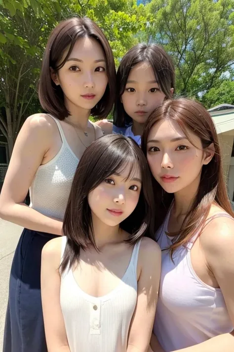  ( upper body)、(Summer clothes:1.3), 36YO beautiful brown haired Japanese slender model actress mother and 3 small breasted daughters,   blond long haired  and bob  Japanese woman with brown eyes 2  , Japanese straight long hair  idol girl 、 high res, mast...