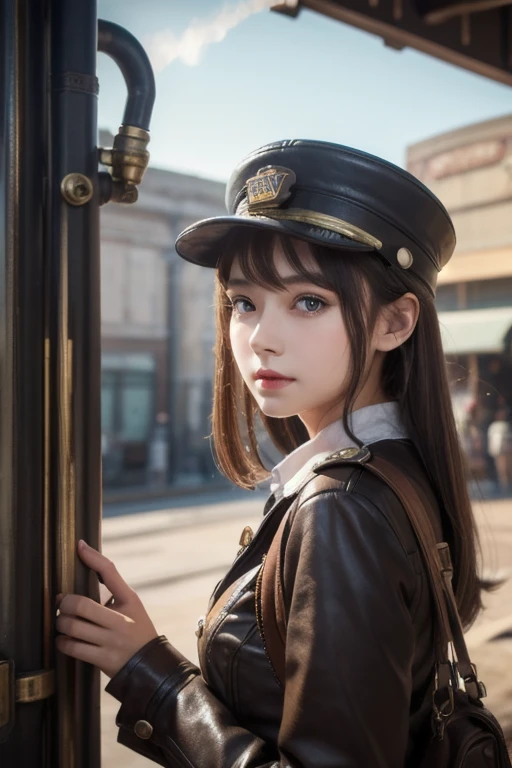  1 girl,   Pilot Cap  ,   faceup、Alone,    steam punk, station,  ,  steam,, Masterpiece,   very detailed on trends , high resolution, 8k resolution,  best quality ,