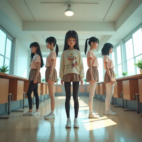 45° viewing angle， 4 girls ，Bright and spacious classrooms， A 14-year-old Chinese girl, stylish, short, cute, beautiful expression, pain ， top wearing bright black latex tights，34 size small foot ，White leg stockings pure white cotton socks ，white pantyhos...