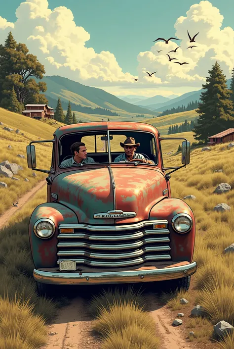 Create very high quality image, in drawing, Old comic book style, with many details of a father ,  a boy in an old pickup truck in the hinterland, 