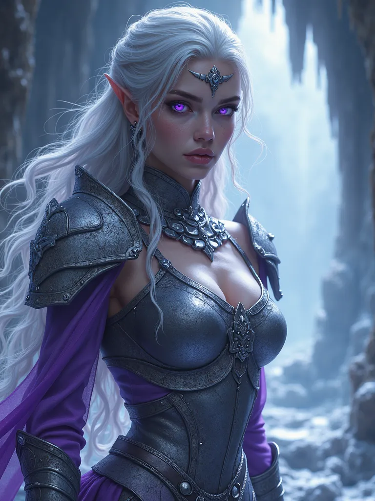 subject:  A fierce woman with flowing silver hair and eyes that shine like amethysts .   Her skin is flawless and pale  ,  adorned with intricate rune tattoos and symbols .  She wears battle-worn armor made of crystal shards and mithril,  radiating an aura...