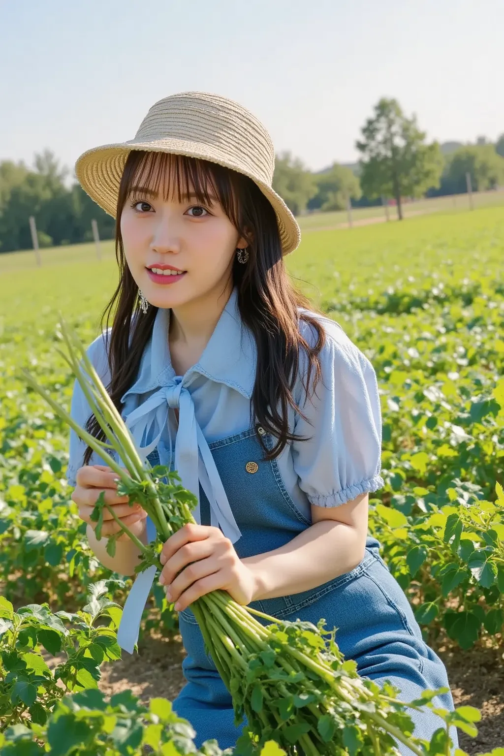 "An image of a woman harvesting radishes in a lush, green field. She is wearing a straw hat, a light blue shirt, and denim overalls. The field is abundant with crops, with rows of radishes emerging from the soil. The sun is shining brightly, casting a warm...