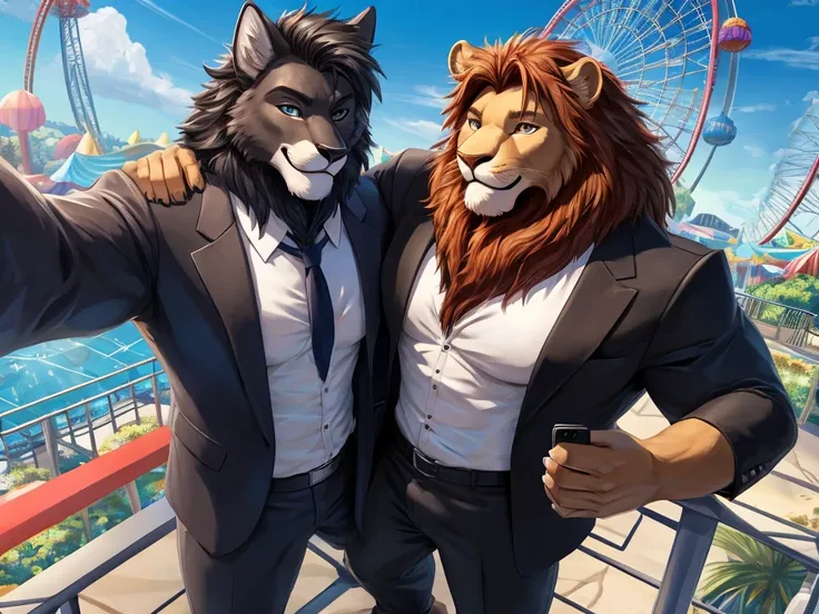 Dyne and Cornelus are boyfriends on a romantic date, hanging out at a themepark.  dynamic pose, absurdres(highly detailed beautiful face and eyes)perfect anatomy, (ultra detailed), sharp focus, niji, eyesgod, black eye, furry, white beard, anthro (black wo...