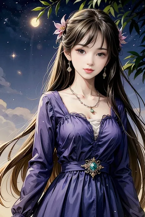  top quality with beautiful eyes、  masterpiece、   high definition 、   young beautiful woman、 Perfect Face 、Brown-black long hair  、  perfect style 、I'm wearing a light purple dress、  earrings、  necklace、  look at me and smile、 night sky、  starry sky  、Shin...