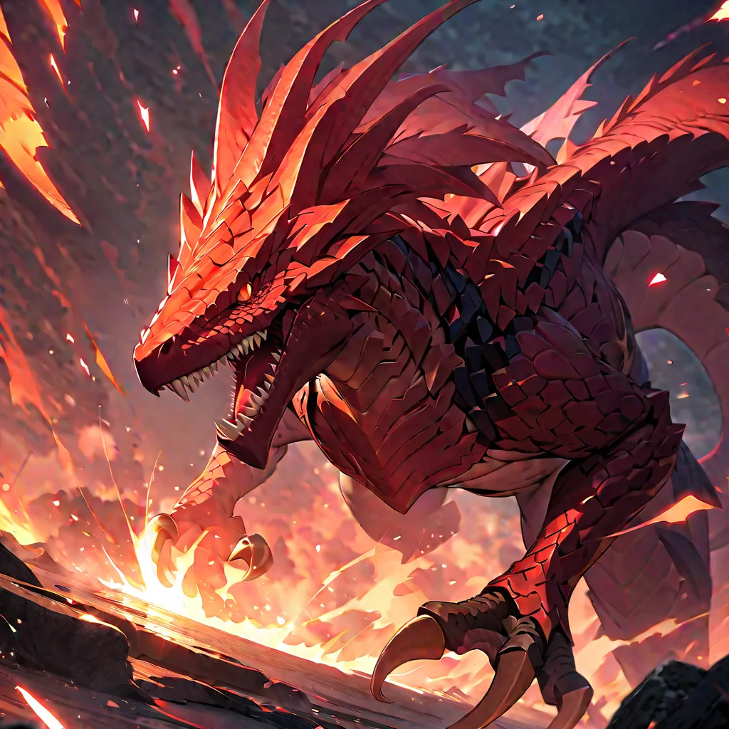 ((Masterpiece, top quality, high resolution)), ((highly detailed CG unified 8K wallpaper)), red Dinosaur, Detailed scales and claws covered with armor-like scales, A ferocious pattern in pink and red, A symbol of fire and destruction, wide angle dynamic ac...