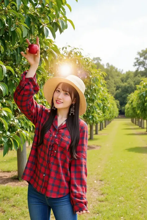 "An image of a woman picking apples from an apple tree in an orchard. She is wearing a red plaid shirt, a straw hat, and denim jeans. The apple tree is full of ripe, red apples, and the woman is reaching up to pluck one from a branch, holding it gently in ...