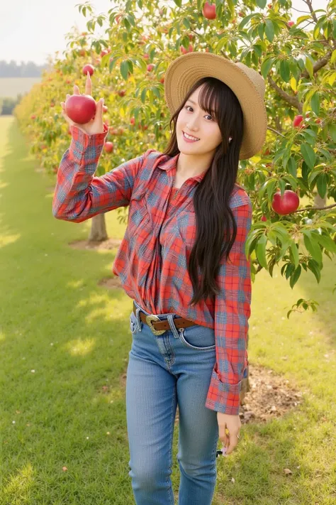 "An image of a woman picking apples from an apple tree in an orchard. She is wearing a red plaid shirt, a straw hat, and denim jeans. The apple tree is full of ripe, red apples, and the woman is reaching up to pluck one from a branch, holding it gently in ...