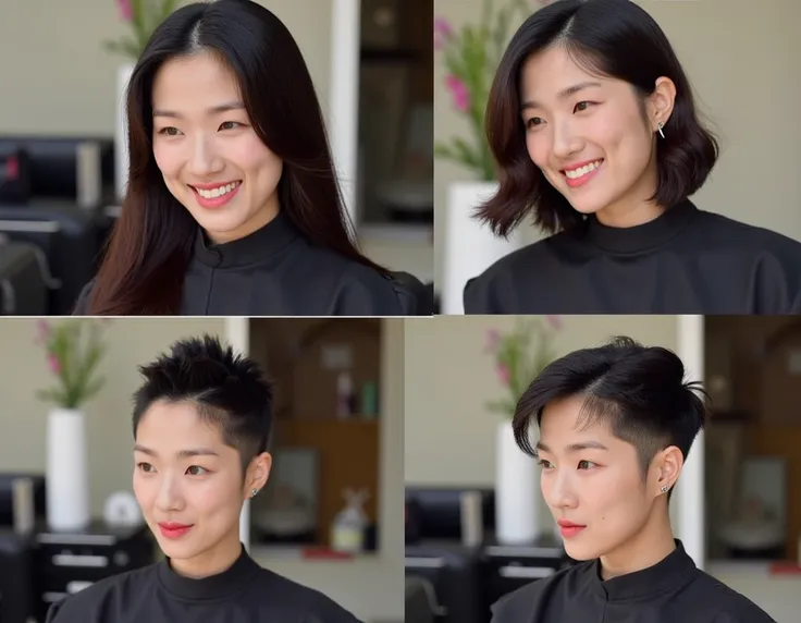  Contact sheet with 4 images of a woman "Kim hye yoon", preparing for the men inspired haircut, from happy super long to Sad super super short Spiky buzzcut with a "High skin fade" undercut and a sides shave, cropped hair, very extreme short hair, sides sk...